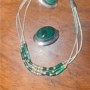 Malachite Elegant Silver and Green Necklace Set